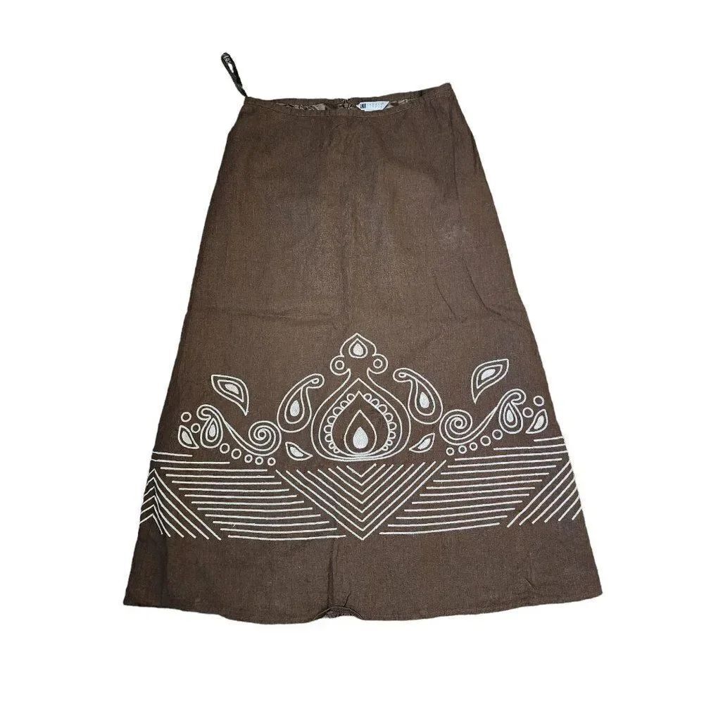 Vintage 90s Maxi Skirt Tribal Pattern Womens Size 8 Brown Linen